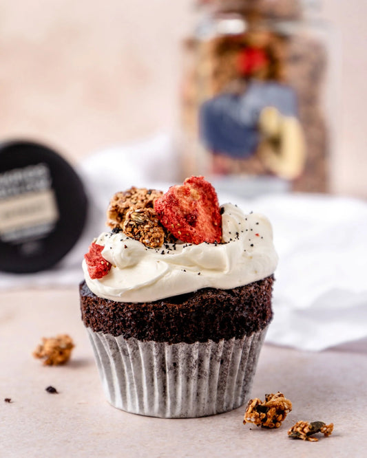 Celebration Cake Mix Meets Signature  Granola: Licorice Chocolate Cupcakes - Naturally Granola