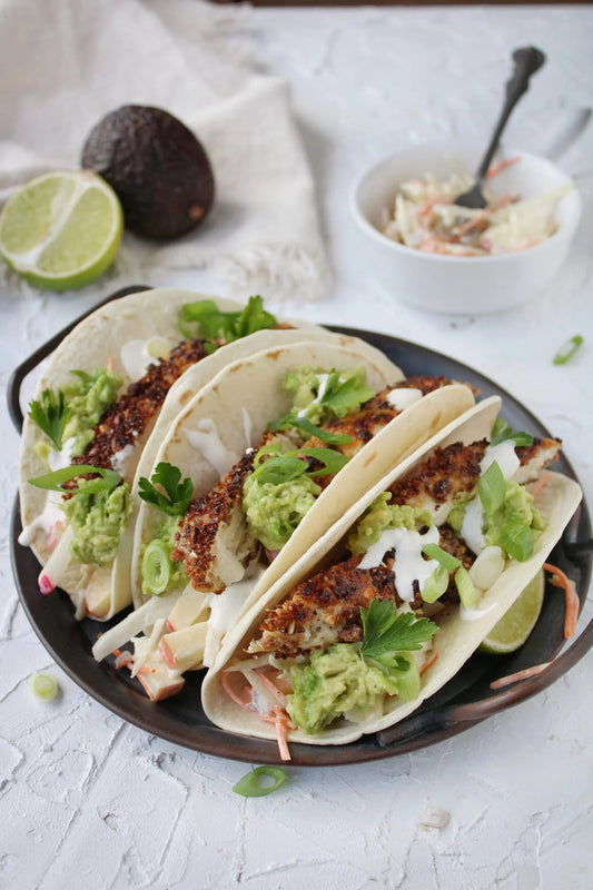 Crispy chicken tacos with granola crumb, slaw and lime sour cream - Naturally Granola
