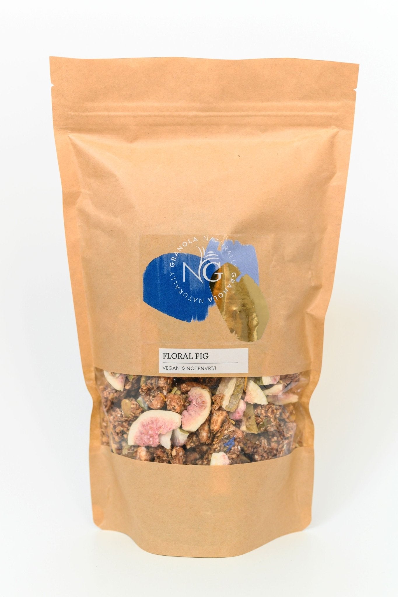 Kraft paper bag with floral fig granola  on a white background