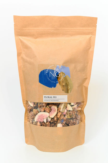 Kraft paper bag with floral fig granola  on a white background