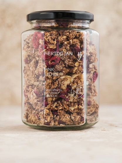 pink-lychee-granola in jar. Collaboration with 3 star michelin chef gert de mangeleer.